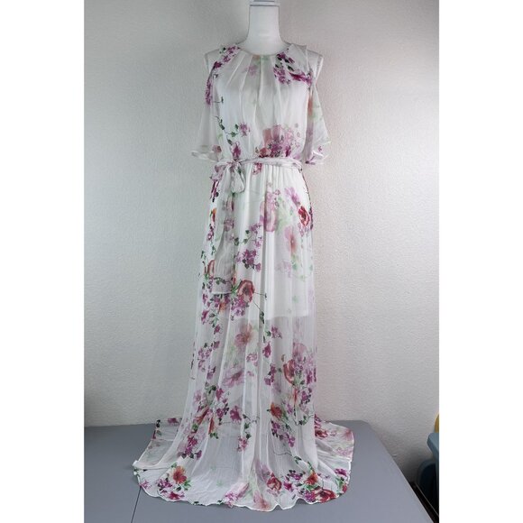 Calvin Klein women's 6 white floral high neck flowy fit and flare maxi dress - Picture 1 of 9